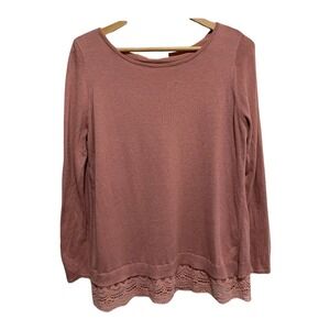 Roz & Ali Pink Lace Trim Long Sleeve Sweater Top Women's Large Knit